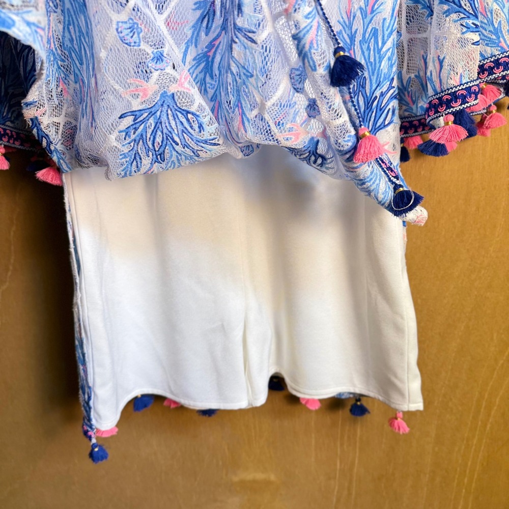 Lilly Pulitzer Jackelin Romper Seaspray Gray Off Shore Lace Tassel White Blue 0 - Picture 7 of 7